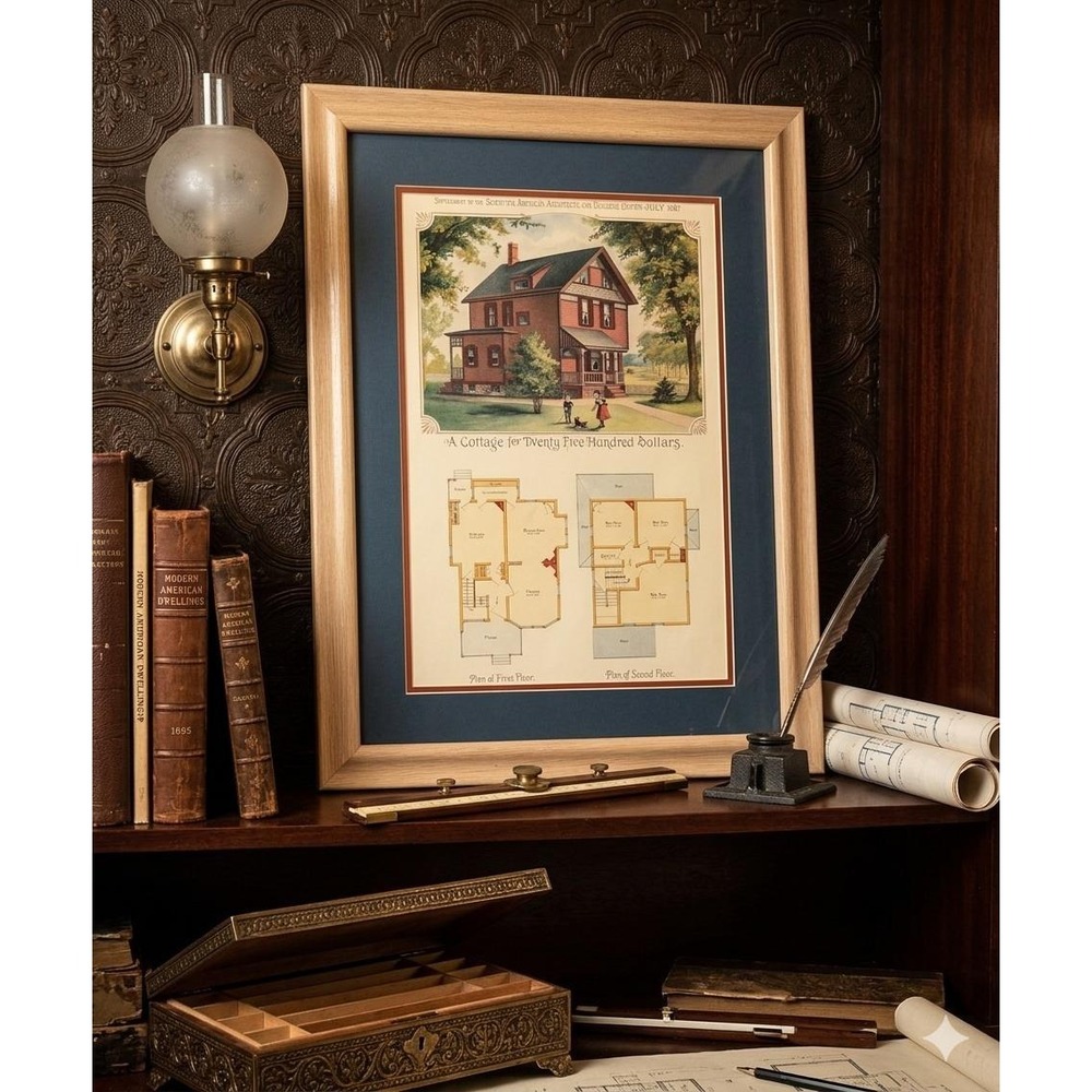 Vintage 1887 Scientific American Architectural Print Framed Cottage Floor Plan